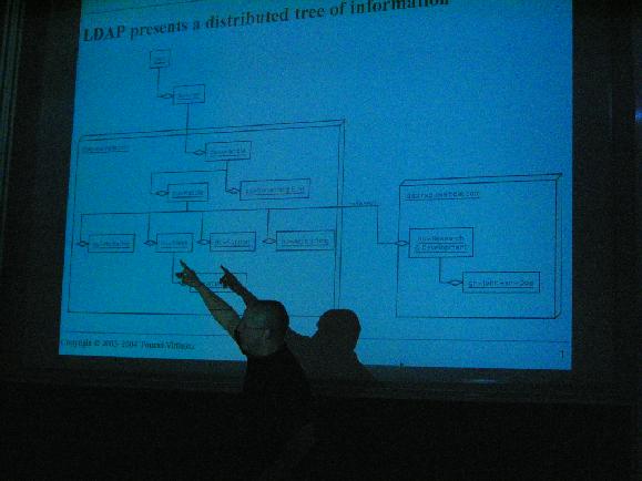 Lightning Talks - Grok LDAP fast - Tommi pointing out parts of the LDAP namespace on a slide